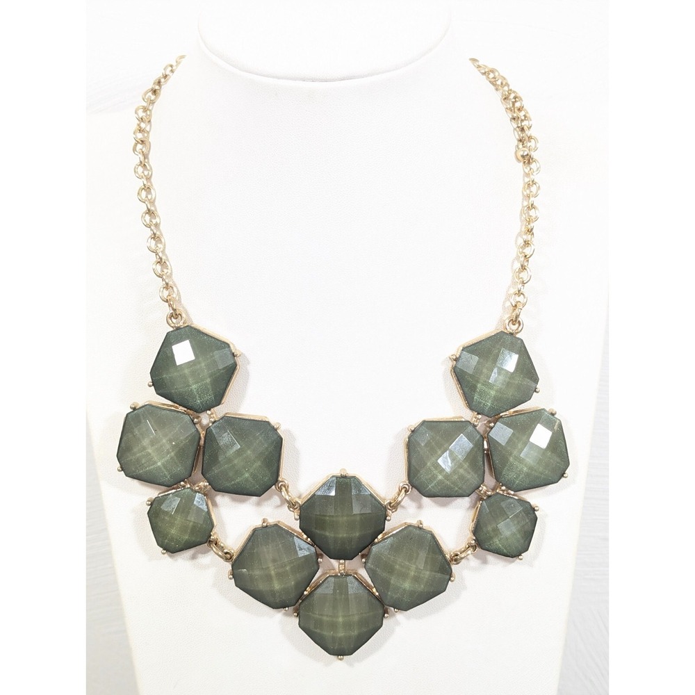 NYC Green Faceted Square Cabochon Chunky Statement Necklace‎ Boho Coastal 19"